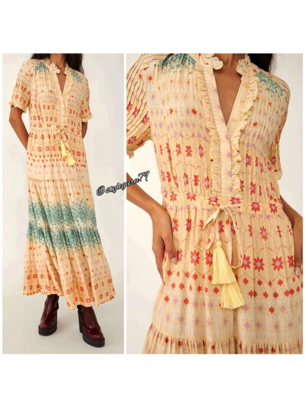 Free People Rare Feeling Pleated Maxi Dress Cloud Combo XS NWT Boho Floral Ruffl - Picture 4 of 6